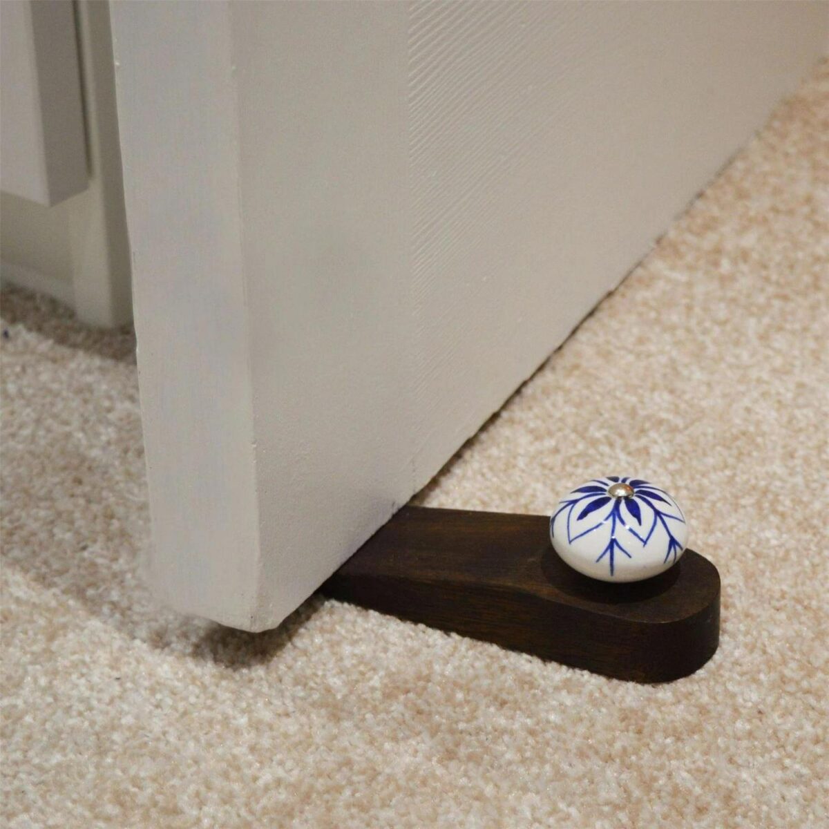 Wooden Door Stop Vintage Interior Kitchen Bedroom Doorstop Wedge Navy Flower - Image 6