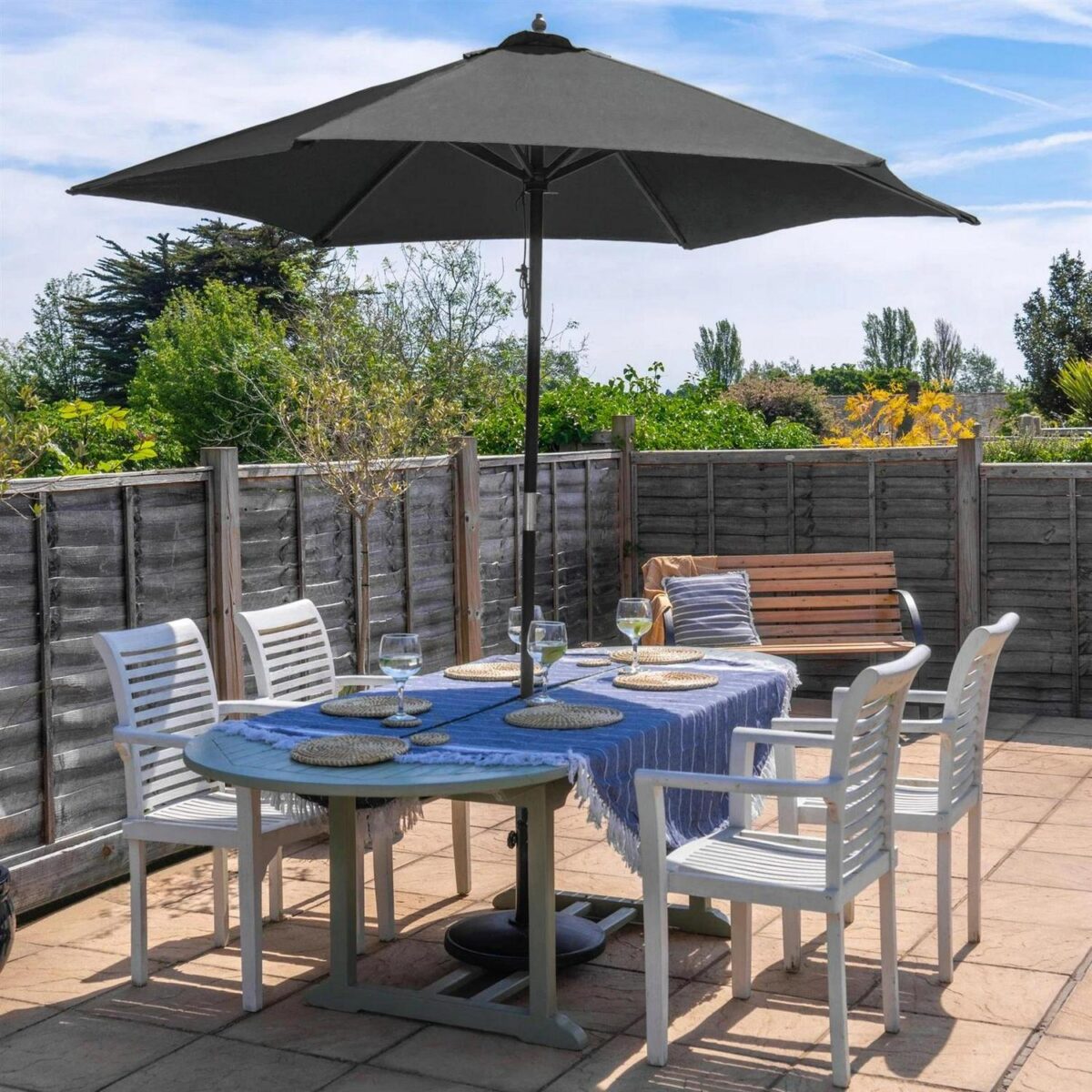 Wooden Garden Parasol and Base Set Pulley-Operated Canvas Sun Shade 2.7m Black - Image 7