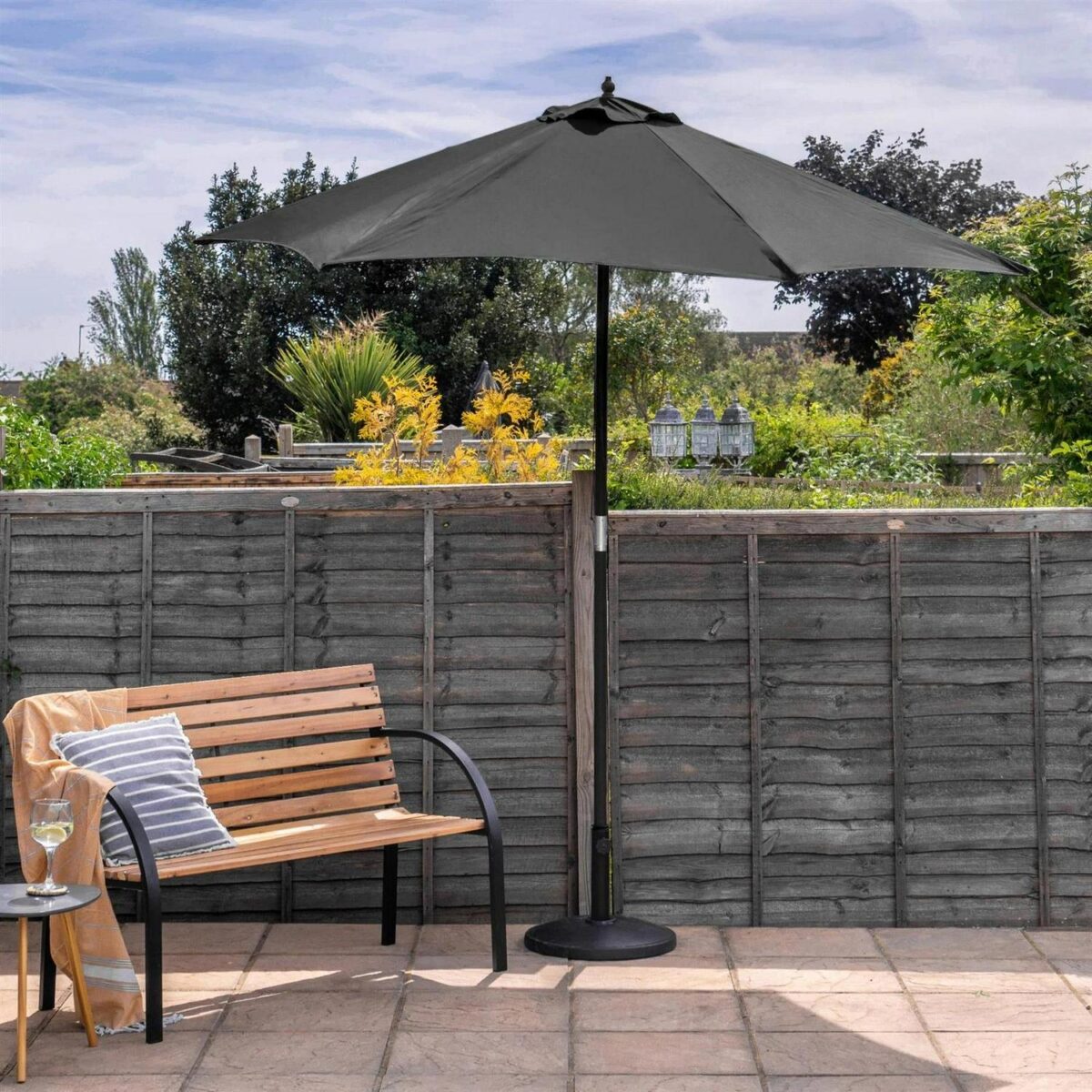 Wooden Garden Parasol and Base Set Pulley-Operated Canvas Sun Shade 2.7m Black - Image 6