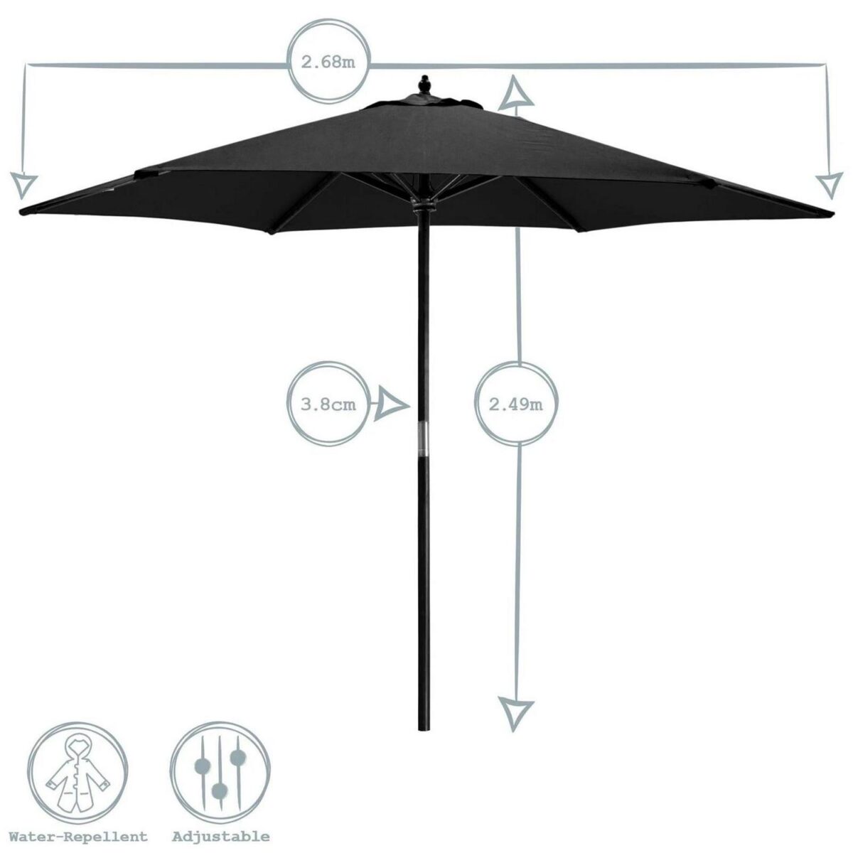Wooden Garden Parasol and Base Set Pulley-Operated Canvas Sun Shade 2.7m Black - Image 3